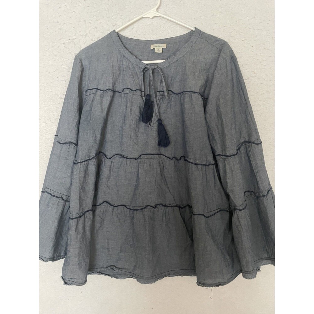 Sundance Boho Peasant Blouse Tiered Blue Denim Tassle 100% Cotton Womens sz M
